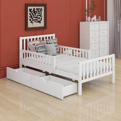 Wood Platform Bed With Guardrails On Both Sides And Storage Drawers