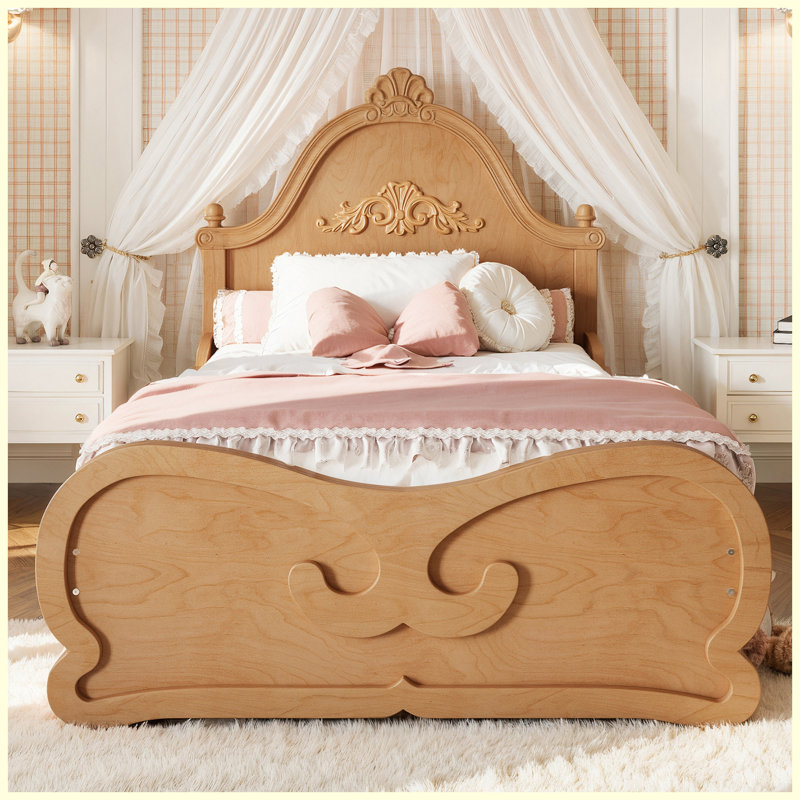 Lit plateforme vintage double sculpté avec tête de lit, cadre en bois massif, sommier à lattes, bois naturel, sans sommier tapissier, lit pour enfants et adolescents