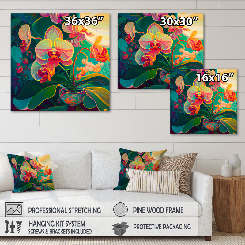 Orchidée en fleurs dans des couleurs vives rétro III - impression, H 36 po x l 36 po x P 1,5 po, Toile tendue
