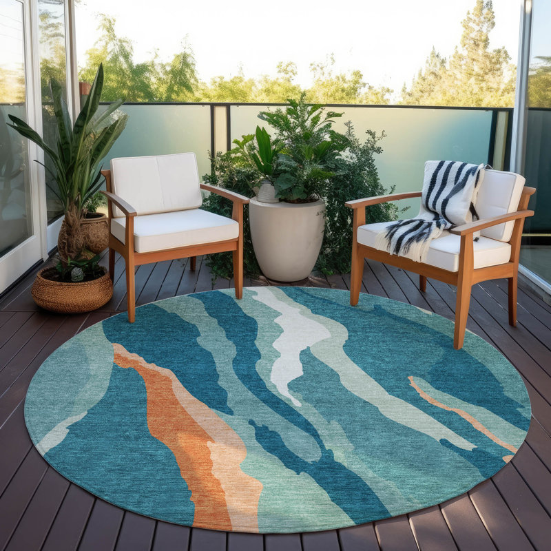 Petala Teal Washable Indoor-Outdoor Rug - , 8' x 8'