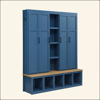 Arbre d'entrée 4 en 1 de 62,9 po de style campagnard - 6 crochets suspendus, banc d'entrée en grain de bois avec compartiments ouverts, armoire à chaussures de salon avec vestibule pour salon / couloir