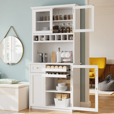 35.4" Farmhouse Buffet with Hutch & Wine Rack | Freestanding Kitchen Pantry Cabinet with Glass Doors, Adjustable Shelves & Pull-Out Trays, Natural Wood Finish for Dining Room & Kitchen
