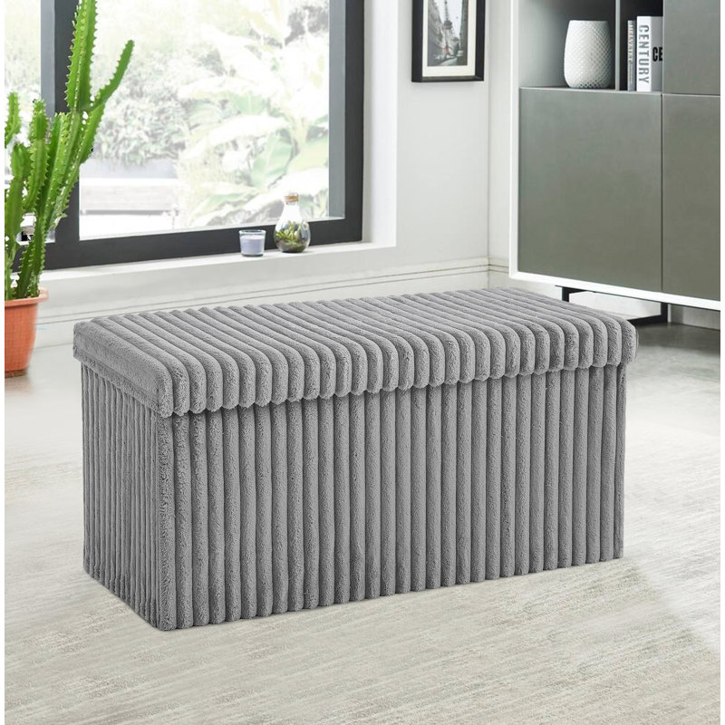 Foldable Ribbed Storage Ottoman Box with Lid, Multi-Purpose Hidden Storage Chest, Upholstered Seat and Footstool for Living Room or Bedroom