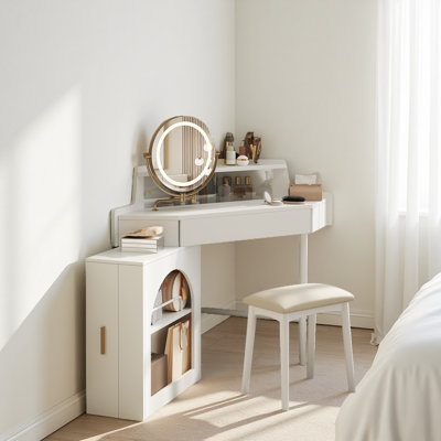 Corner Makeup Vanity Desk With Mirror & LED Lights, Modern Vanity Set With Mirror And Stool, Dressing Table With Large Storage For Small Place