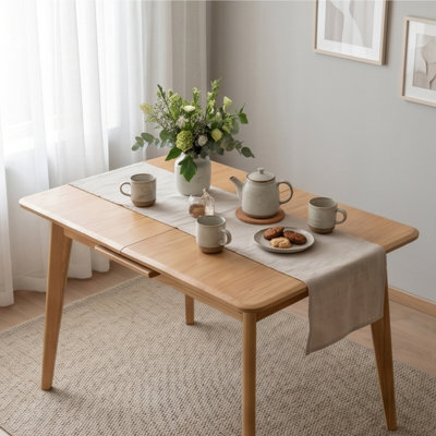 Light Oak Extendable Dining Table with Metal Slides, Round Corners & Diagonal Legs for 6-8