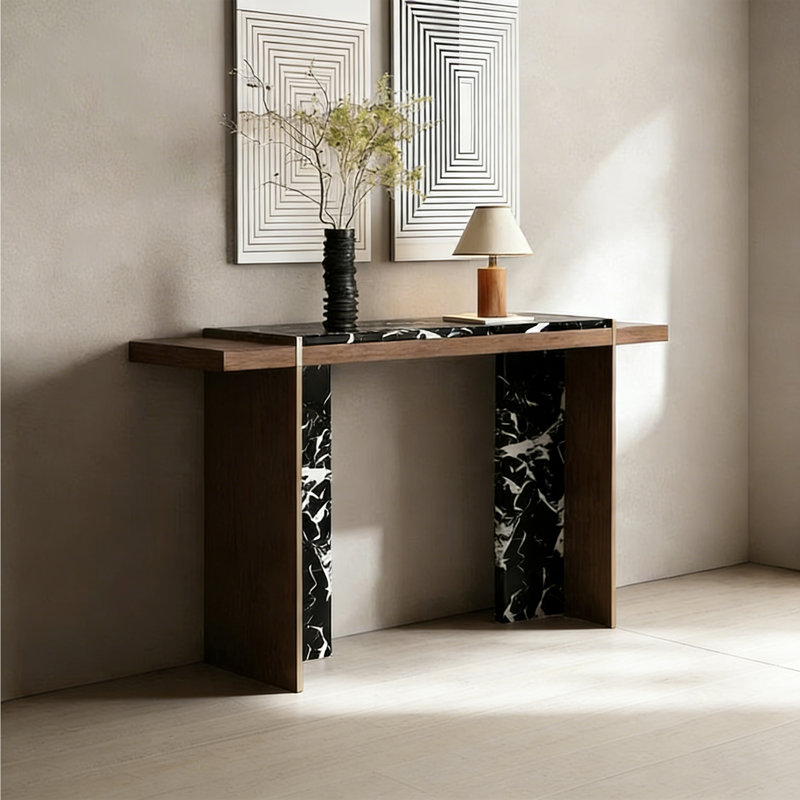 Console Marble, H 31,5 po x l 59,06 po x P 13,78 po, Brun / blanc / noir