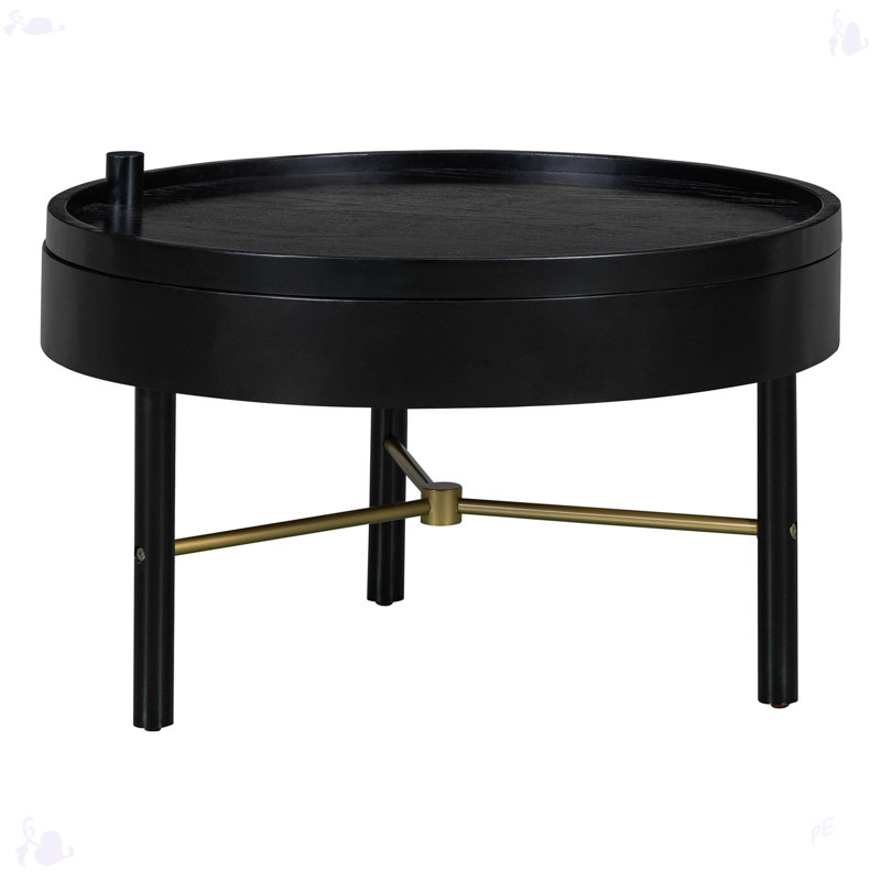 Modern Round Wood Rotating Tray Coffee Table With Storage, Black