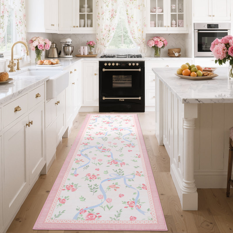 Washable Area Rug Bow Décor, Pink/Blue, Runner 2'6" x 8'