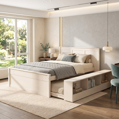 Full Size Platform Bed with Pull-Out Trundle and Built-In Storage Cabinet, Solid Pine Wood Frame, No Box Spring Needed, 550 lbs Capacity, Space-Saving Bed Frame