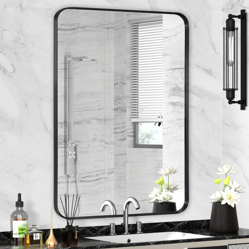 Miroir de salle de bain noir à cadre mural, miroir de meuble-lavabo de coin rectangulaire noir mat, cadre brossé, verre trempé, antirouille, se suspend horizontalement ou verticalement (24 po x 32 po, noir)