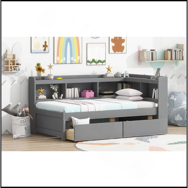Lit en forme de L avec bibliothèques avec prises de courant, ports de chargement USB, deux tiroirs, Gris, Lit simple