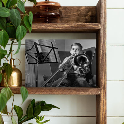 1950s, amusant, croisé, garçon, jouer, diapositive, trombone, rétro, rétro, art mural classique