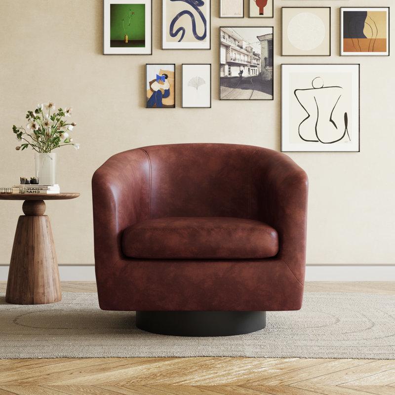 Applewold Upholstered Red Brown Faux Leather Swivel Barrel Chair with Solid Wood Base, Red Brown