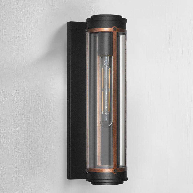 Alvime 14.75" Modern Industrial Cylindrical Black Outdoor Wall Sconce with High Strength Clear Glass
