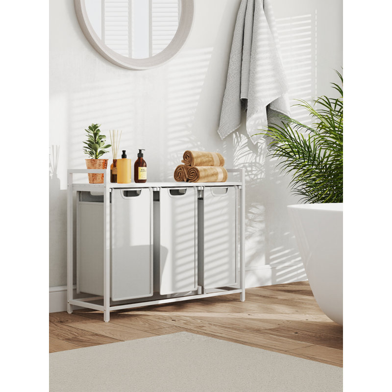 Laundry Basket, 3-Compartment Laundry Hamper, Pull-Out Liners, Shelf, Metal Frame, 3 x 40 L, White