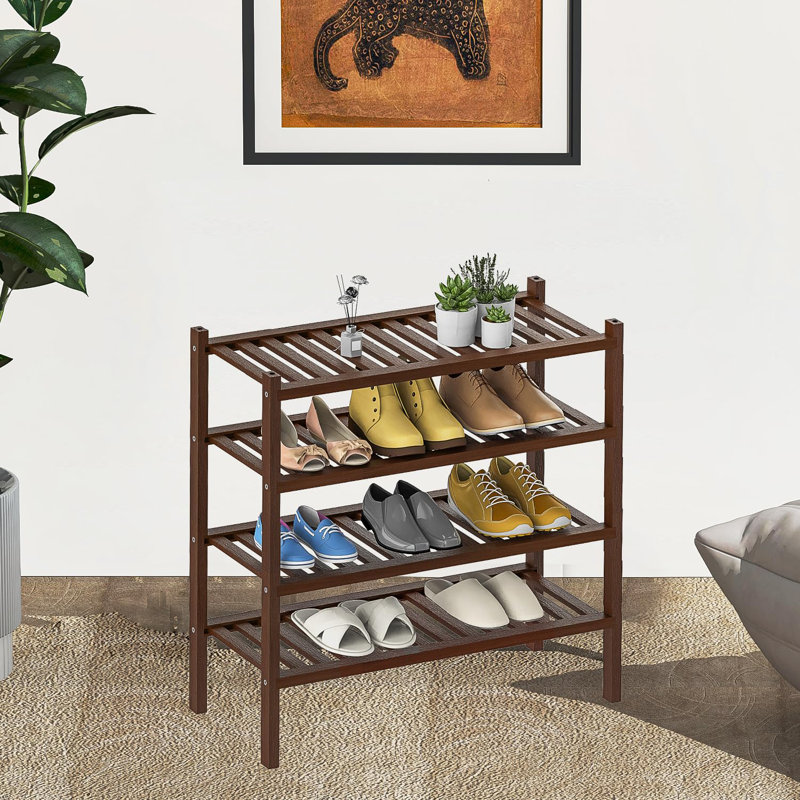 Shoe Rack 4-Tier Organizer-Stackable Storage Shelf With Multi-Function Combinations-Free Standing Bamboo Shoe Racks(Brown, 4-Tier)