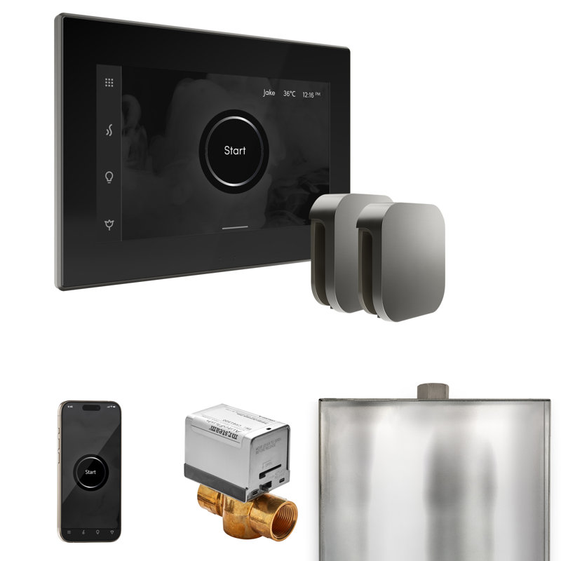 Ensemble de contrôle de douche à vapeur XButler Max avec contrôle iSteamX et tête de vapeur, Noir / acier satiné