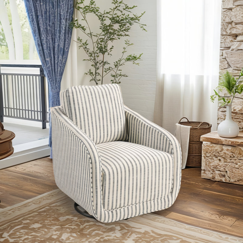 Fauteuil d'appoint pivotant rayé moderne de 34,25 po de largeur, Bleu / blanc