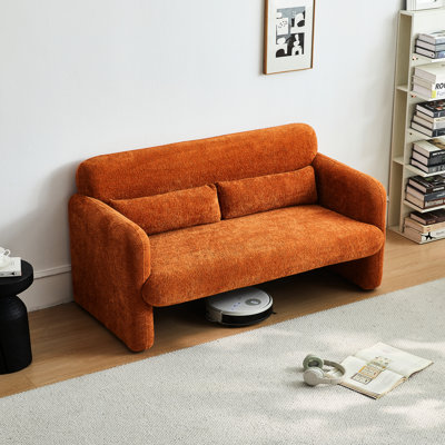 Tissu de velours orange de 59 po, moderne pour la chambre à coucher, structure en bois massif, coussin de soutien, siège mi-doux avec revêtement, bois de bureau et d'eucalyptus, rembourrage en mousse confortable, coussin