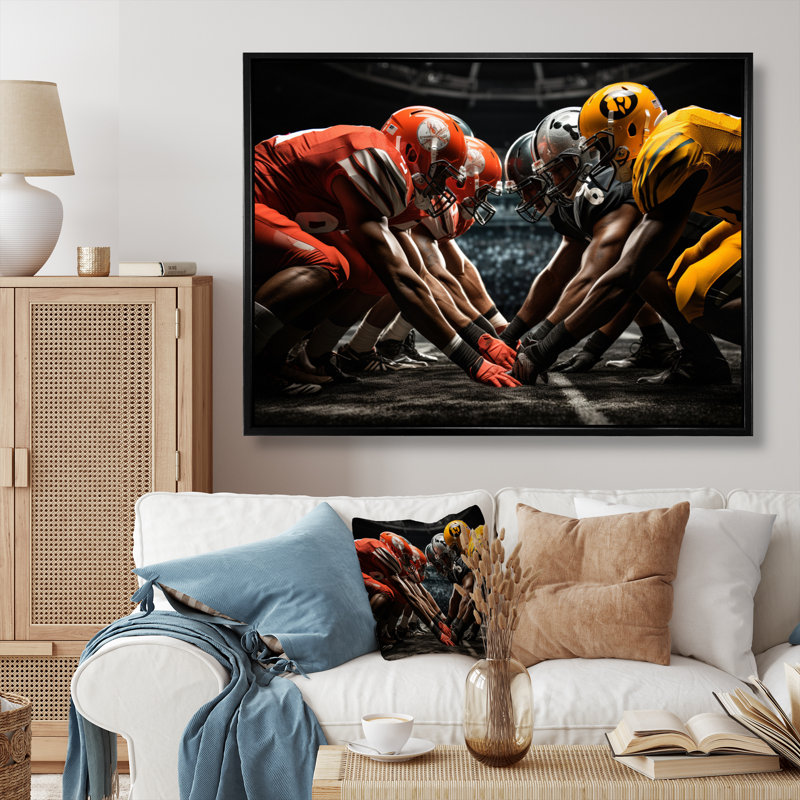" Yellow Football Dynamic Formation " Mixed Media Print, 30" H x 40" W x 1.5" D, Black Floater Framed