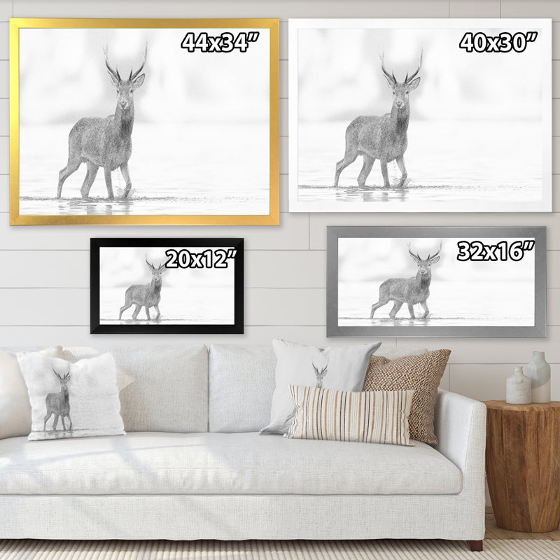 Croquis de cerf noir et blanc - œuvre d'art traditionnelle sur toile, Cadre noir, H 12 po x l 8 po x P 1 po