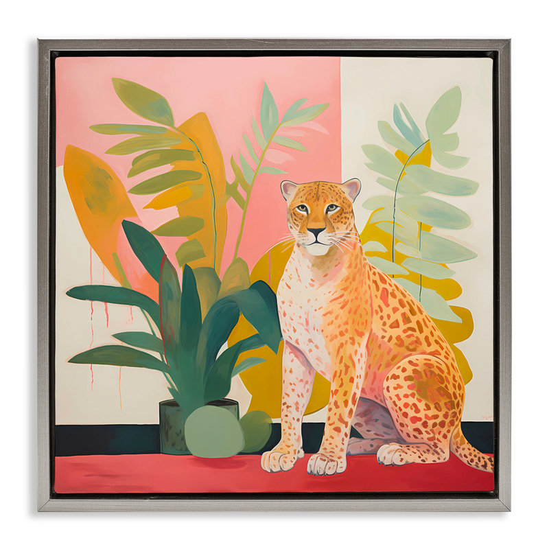 «Leopard Sitting with Plants», art mural sur toile par Walker Noble, H 18 po x l 18 po, Cadre flottant gris lustré
