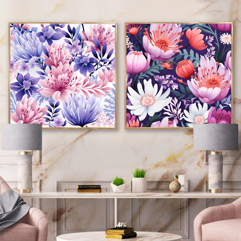 Ensemble de 2 collages carrés violets à motif floral violet, H 16 po x l 33 po, Cadre flottant doré