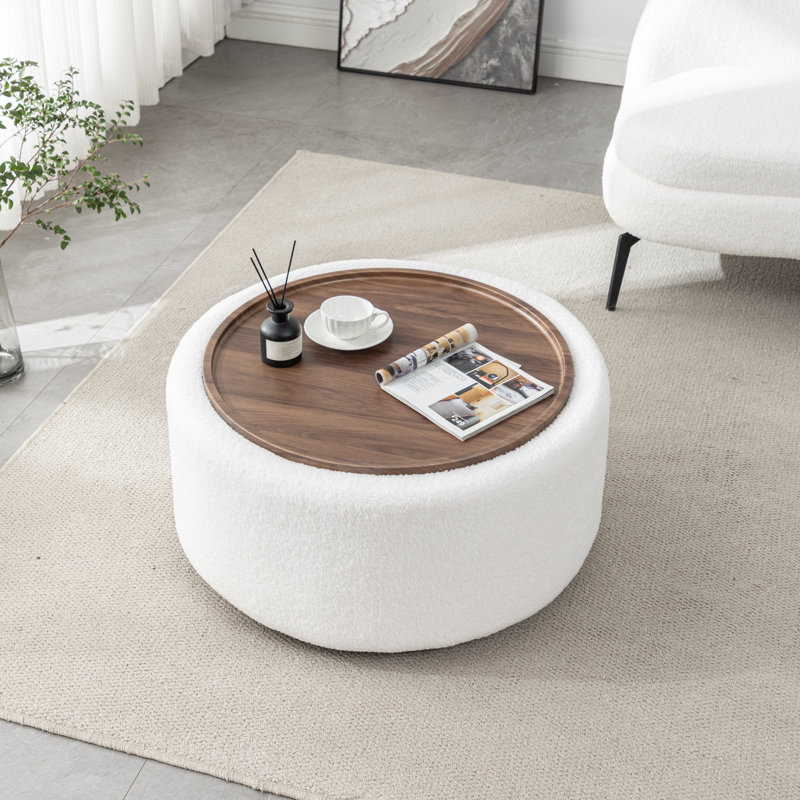 Bryonie Round Cocktail Ottoman with Storage, White Sherpa