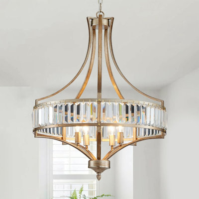 Modern Farmhouse Crystal Chandelier 5-Light Pendant Light With Adjustable Height, Antique Gold Finish For Kitchen Island Dining Room Hallway Bedroom