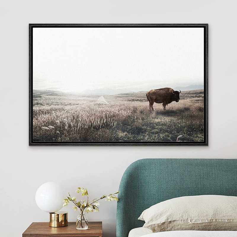 Bison Buffalo in Misty Washed Out Landscape Animal Rustic Wall Art Framed On Canvas Pictures Print, 24" H x 36" W x 1.5" D