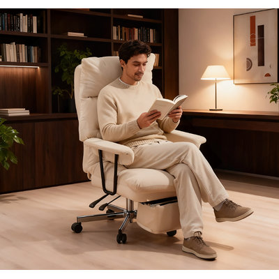 Fauteuil de direction ovale rembourré avec support lombaire et fonction inclinable, blanc crème, pour un confort et un style ultimes