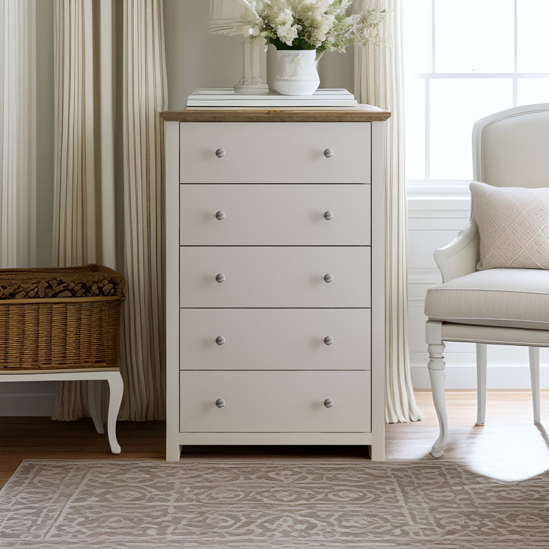 Commode 5 tiroirs Tevrat, Ivoire / chêne noueux