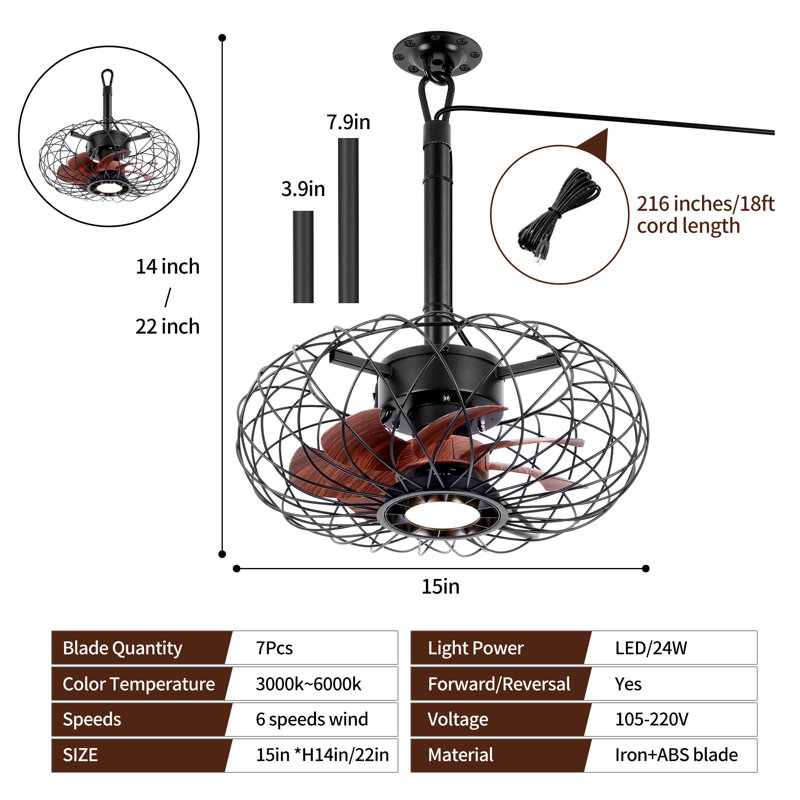 Ventilateur de plafond extérieur en cage avec lumière DEL pour patio, ventilateur de plafond à brancher avec télécommande