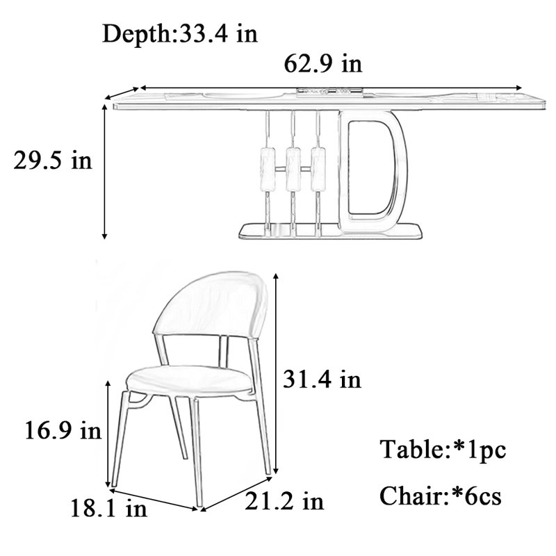 Table et chaise haut de gamme rectangulaire légère de luxe, H 29,5 po x L 62,9 po x l 33,4 po, Blanc