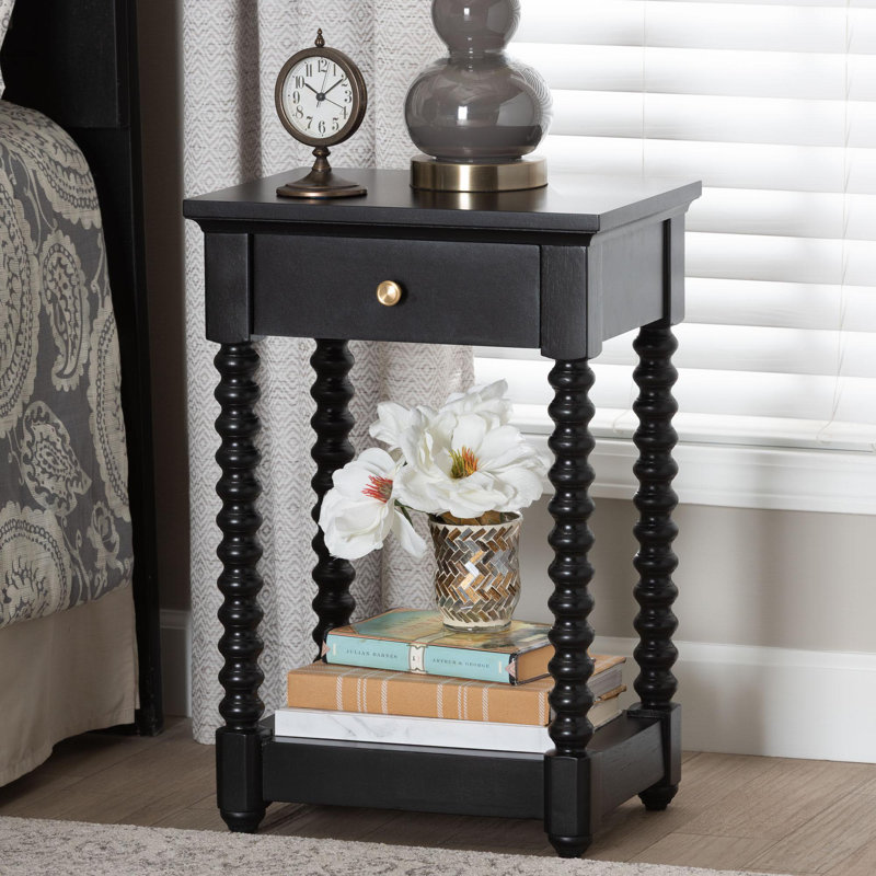 Baxton Studio Terentia Nightstand With Bobbin Legs - 1-Drawer Bedroom Side Table With Storage Shelf, Black, Black