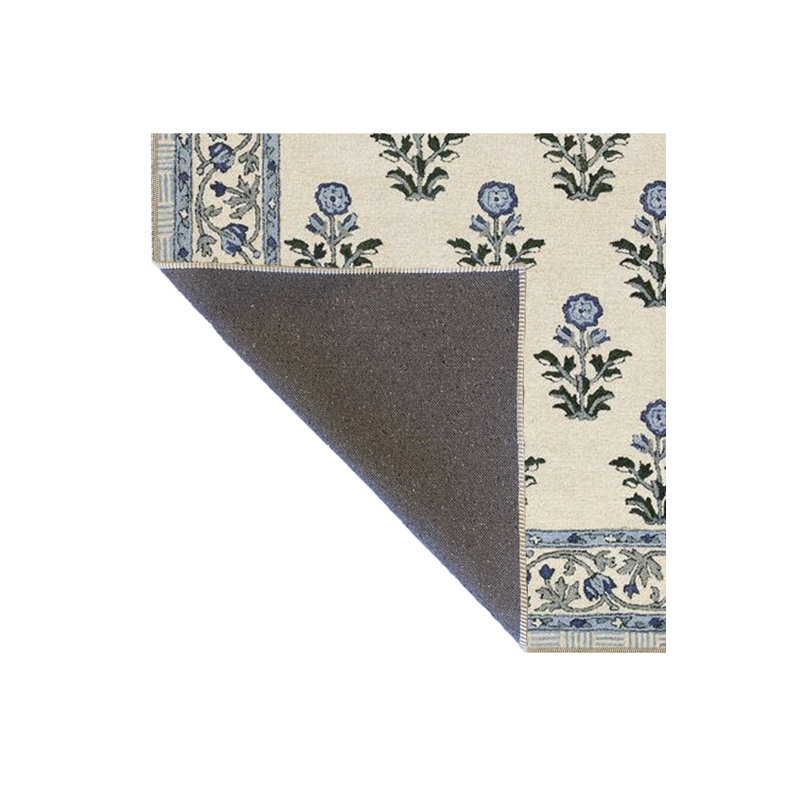 Tapis bleu tissé à motif floral lavable à la machine, Sous-tapis rectangulaire 5 pi 1 po x 7 pi 7 po inc