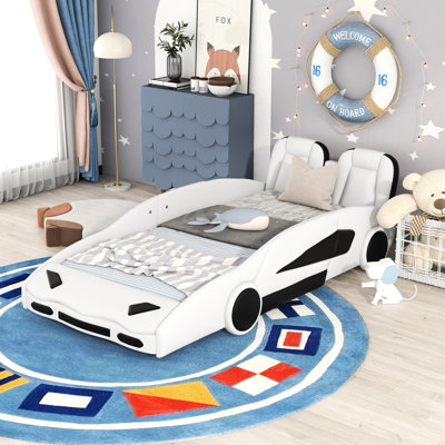 Lit simple blanc avec structure en forme de voiture de course et roulettes - Mobilier de chambre à coucher