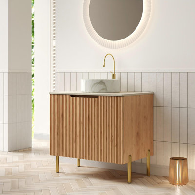 Meuble-lavabo autoportant de 30 po avec lavabo en céramique à rebord arrondi et comptoir à motif de travertin - Armoire moderne à grain de bois avec 2 portes