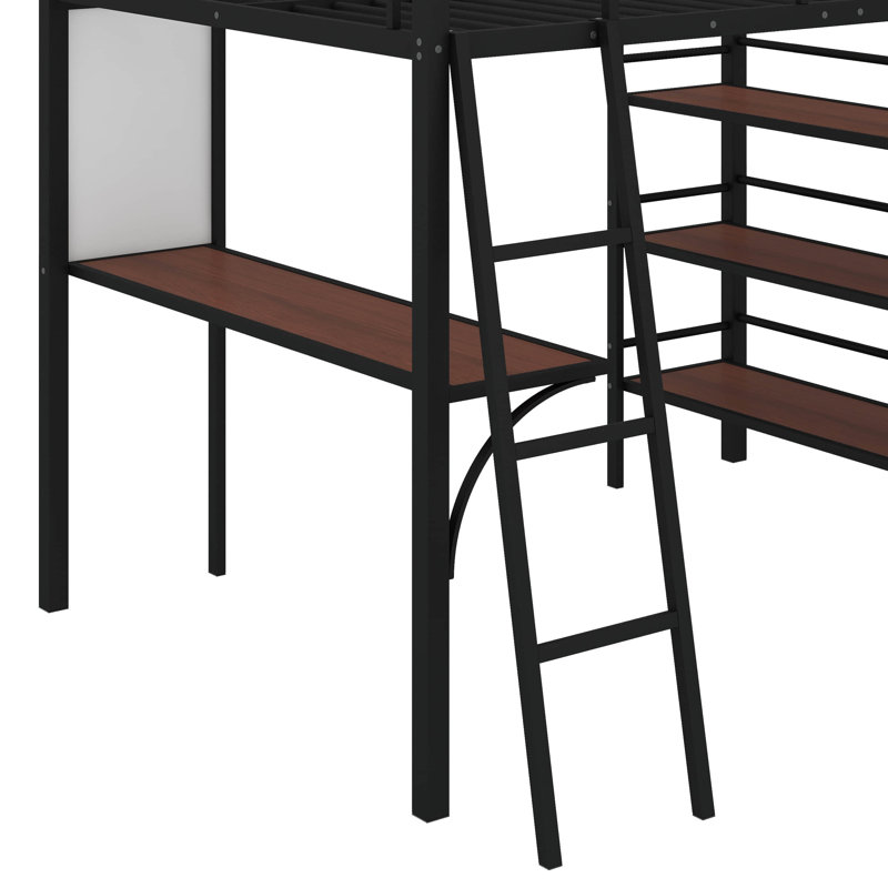Lit mezzanine double en métal avec tablettes et bureau, Noir