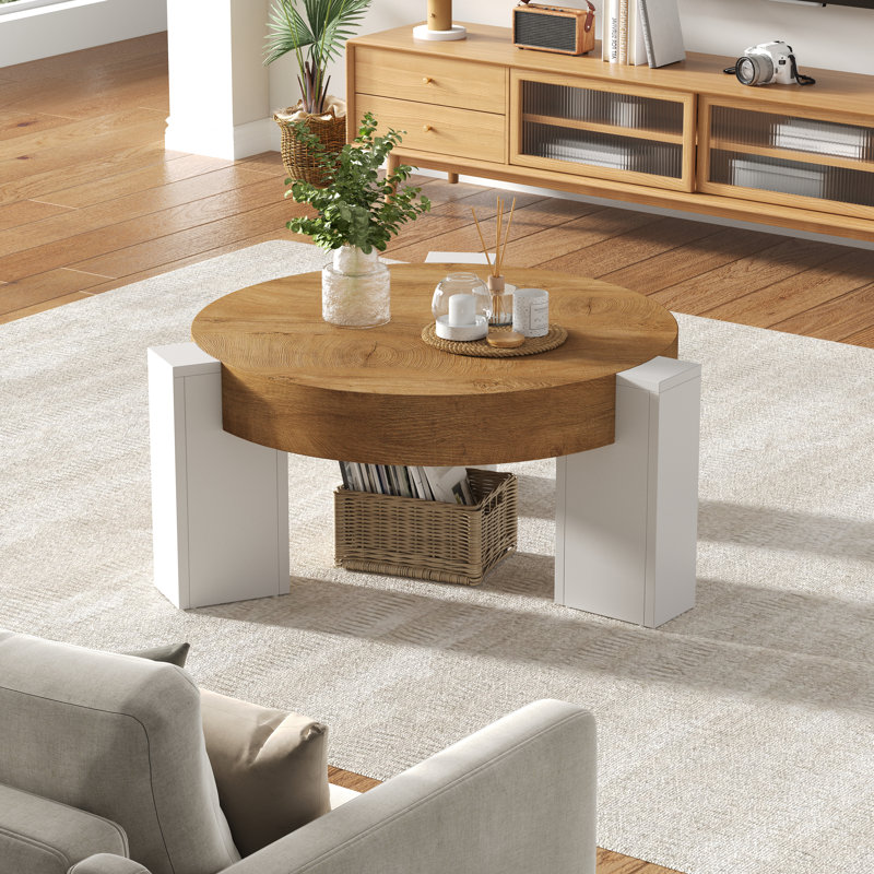 Round Coffee Table, 31.5" Circle Farmhouse Coffee Table, Wood Table And Center Table For Livingroom,White&Brown