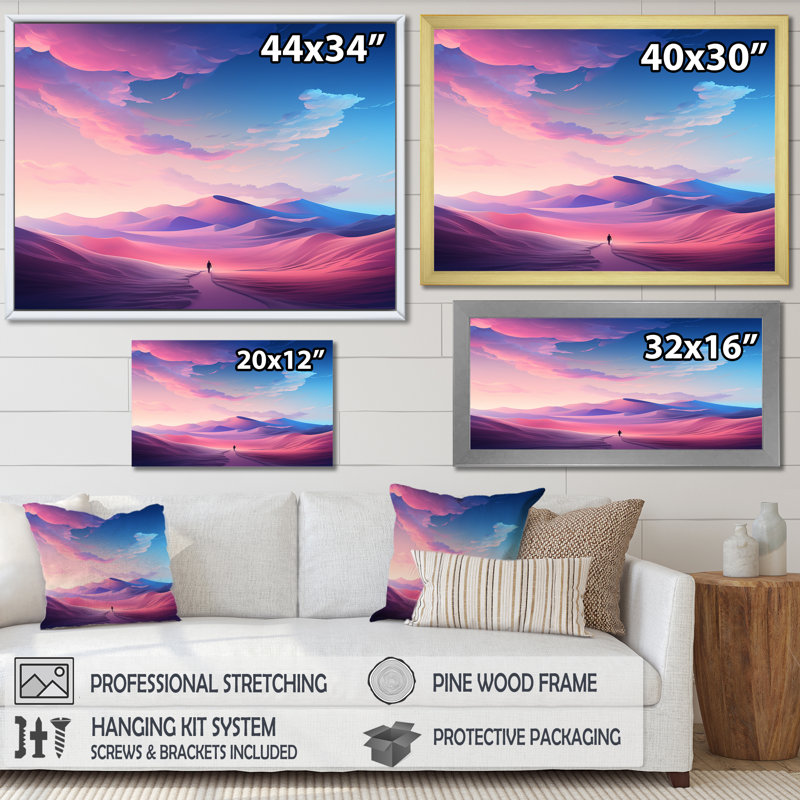 Dunes célestes roses et bleues «Desert Expedition III» - art mural désert, H 30 po x l 40 po x P 1,5 po, Toile tendue
