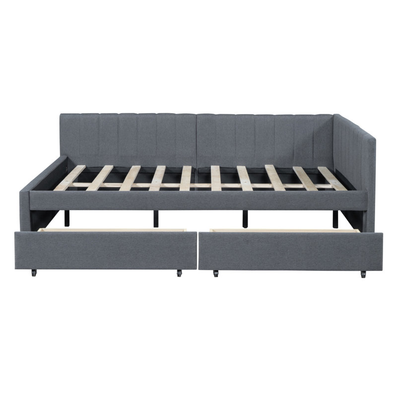 Upholstered Daybed Frame With 2 Storage Drawers Sofa Bed Frame No Box Spring Needed, Linen Fabric, Gray