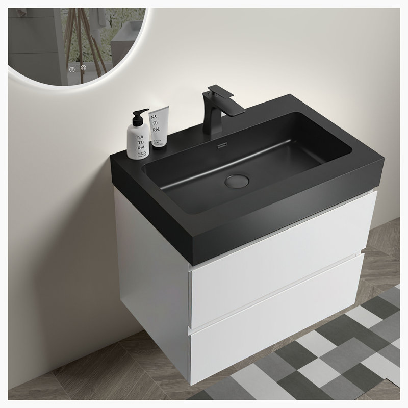 24'' Single Bathroom Vanity with Solid Surface Top, White, Black