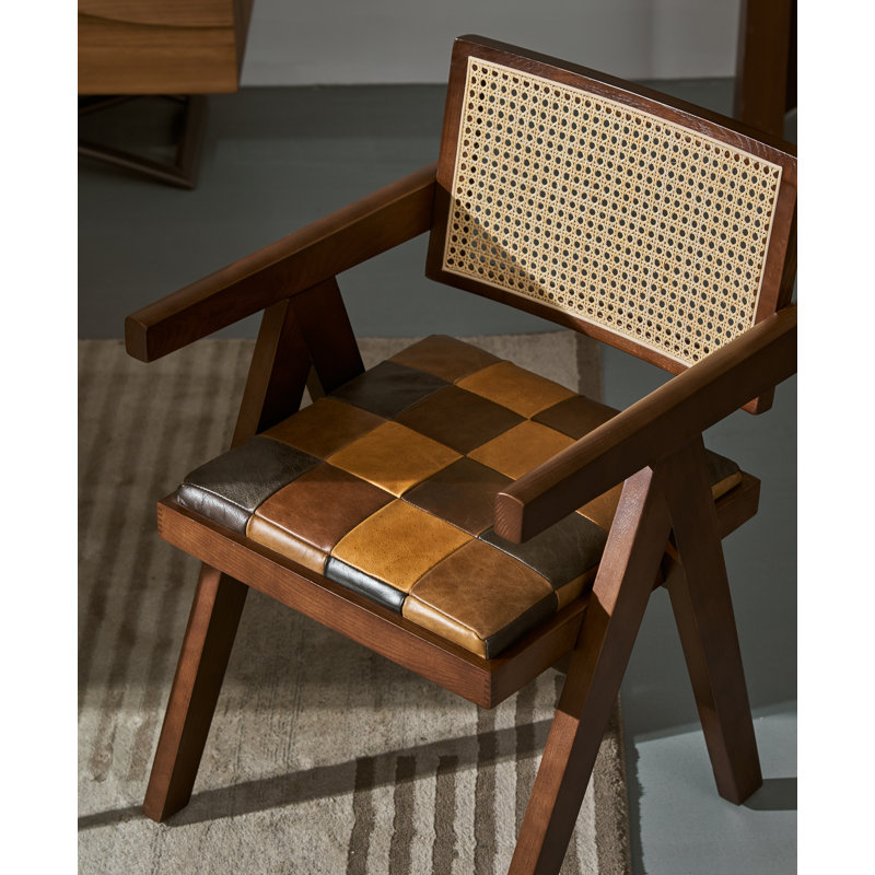 Andrene Solid Wood Rattan Genuine Leather Arm Chair Dining Chair, Vintage Walnut
