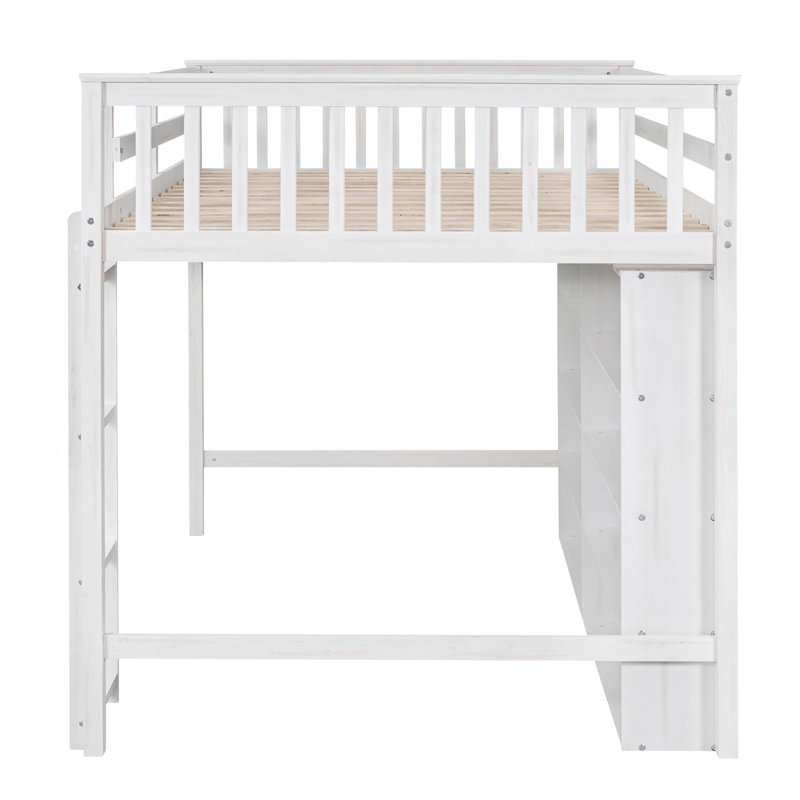 Lit mezzanine double avec 8 tablettes de rangement ouvertes et échelle intégrée, blanc antique