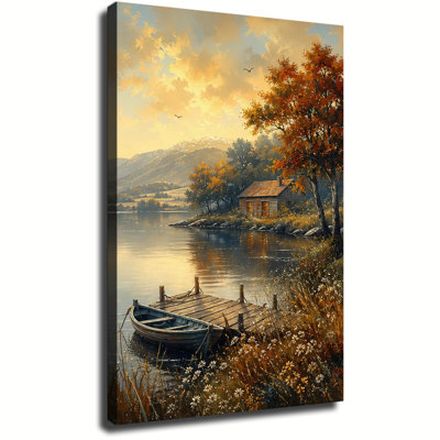 Tableau sur toile représentant une cabane au bord d'un lac en automne, avec un quai en bois et une barque à rames au coucher du soleil, pour une décoration intérieure rustique.