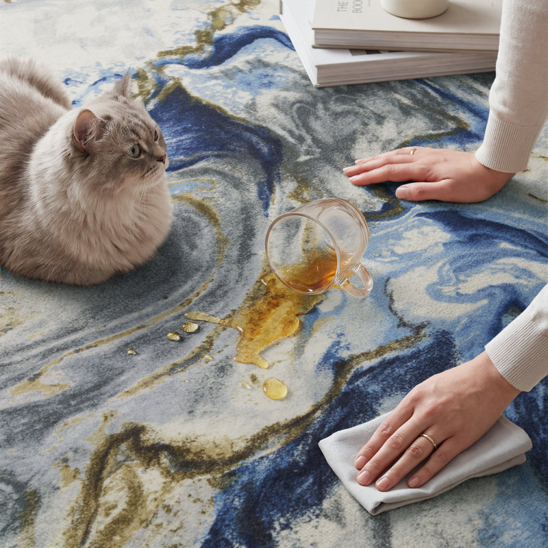 Soft Modern Abstract Non-Slip Washable Area Rug In Marble Pattern, Rectangle 5' x 7', Blue/Gold/Ivory/Navy/Gray
