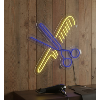  | Enseigne néon ciseaux et peigne | Fabriqué avec un tube néon flexible durable qui émet une lumière vive et accrocheuse pour plus de 50 000 heures d'utilisation continue | 24 x 22 | Bleu et jaune