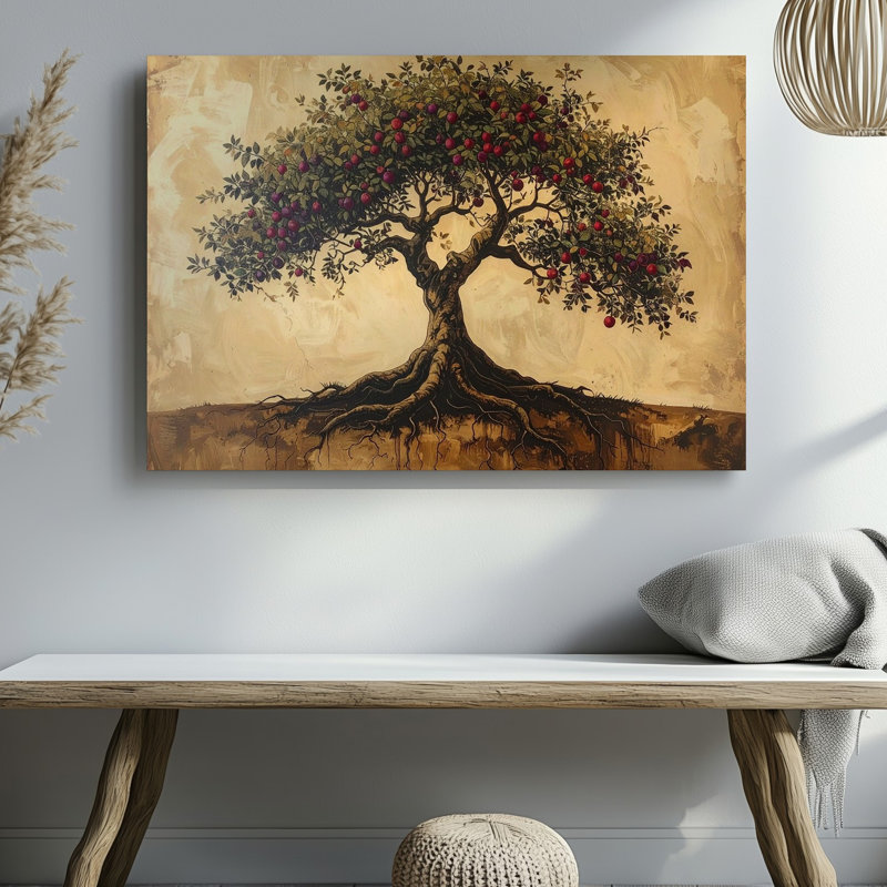 Art mural sur toile, arbre de vie, arbre fruitier avec des racines profondes sur fond parchemin, H 11 po x l 14 po