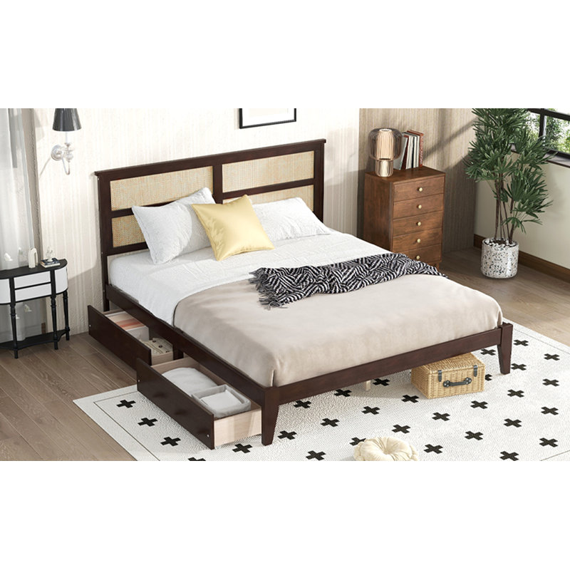 King Size Bed with Rattan Headboard, Two Storage Drawers, Rubber Wood Bed with Enhanced  Support Slats and Feet,Espresso